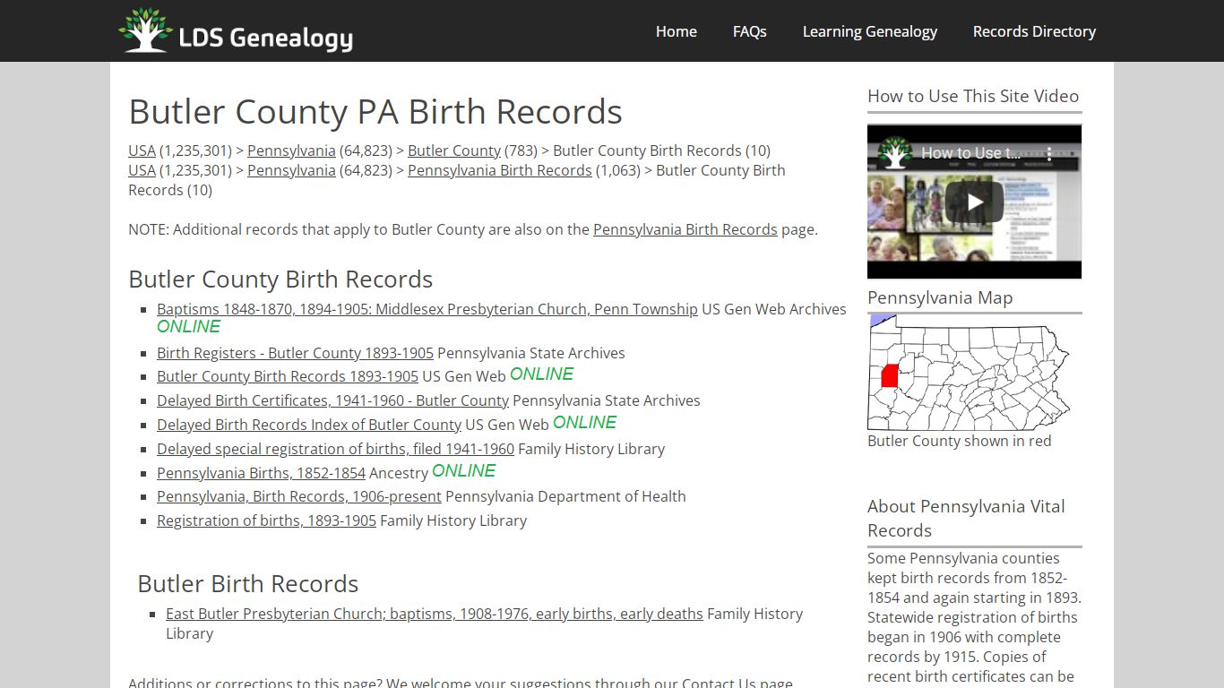 Butler County PA Birth Records - LDS Genealogy