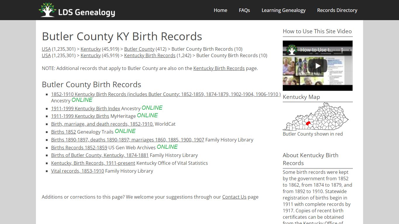 Butler County KY Birth Records - LDS Genealogy